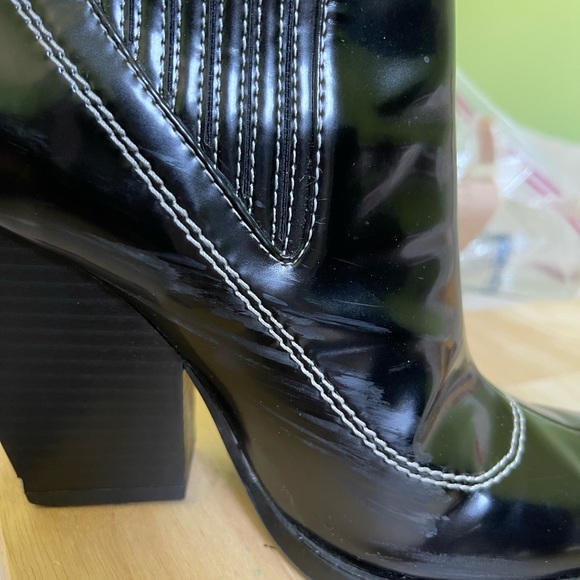 Zara Topstitched Black Patent Leather Western Boots Heeled Square Toe Slip On 5 - Picture 7 of 8